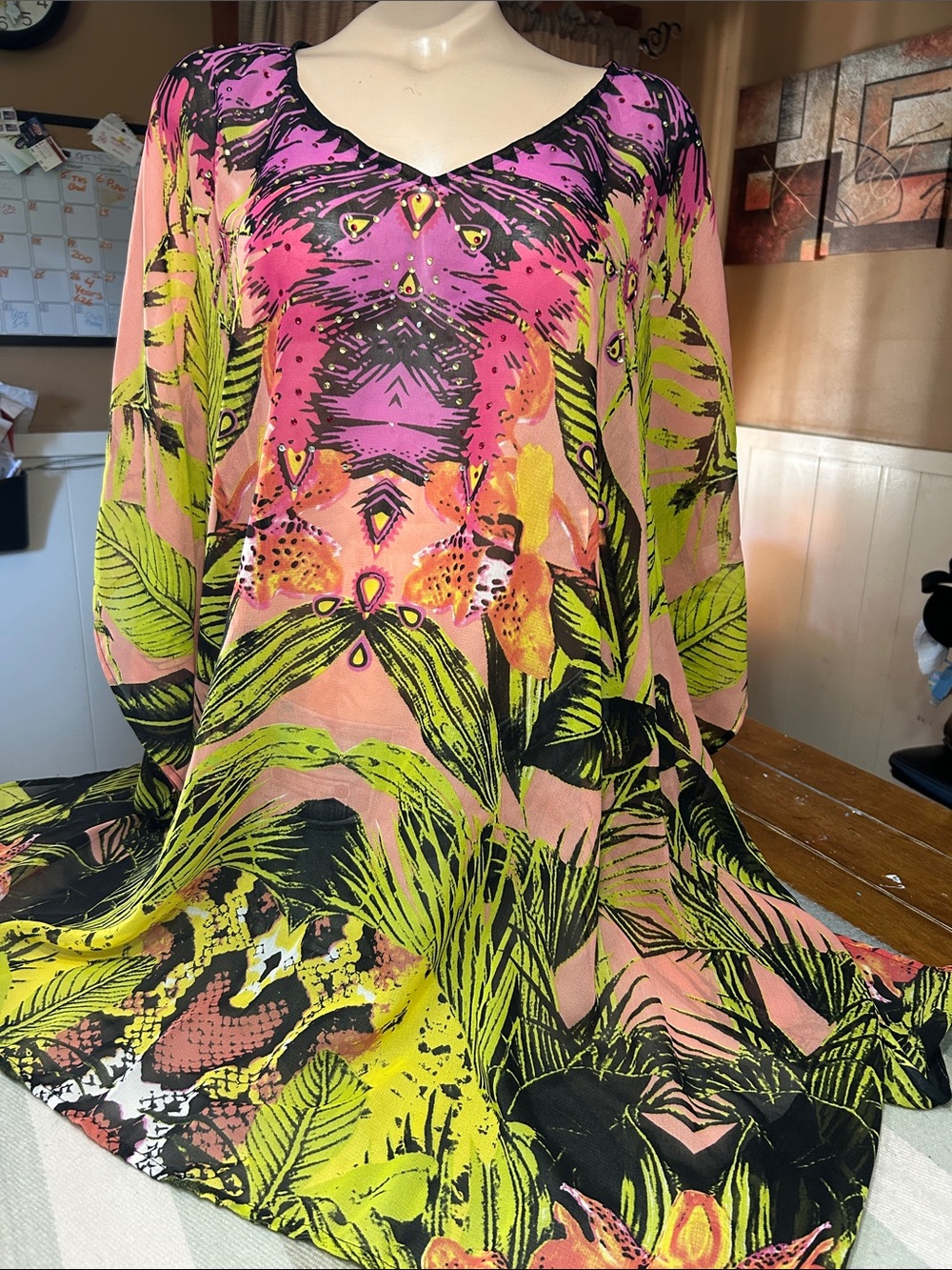 Bright Pink & Neon Green Printed V-Neck Tunic- Caftan